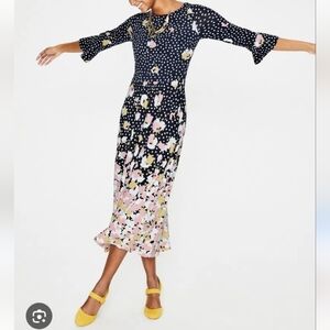 Boden Blossom Jersey Midi Dress Womens 8R Navy Blue Floral Polka Dot